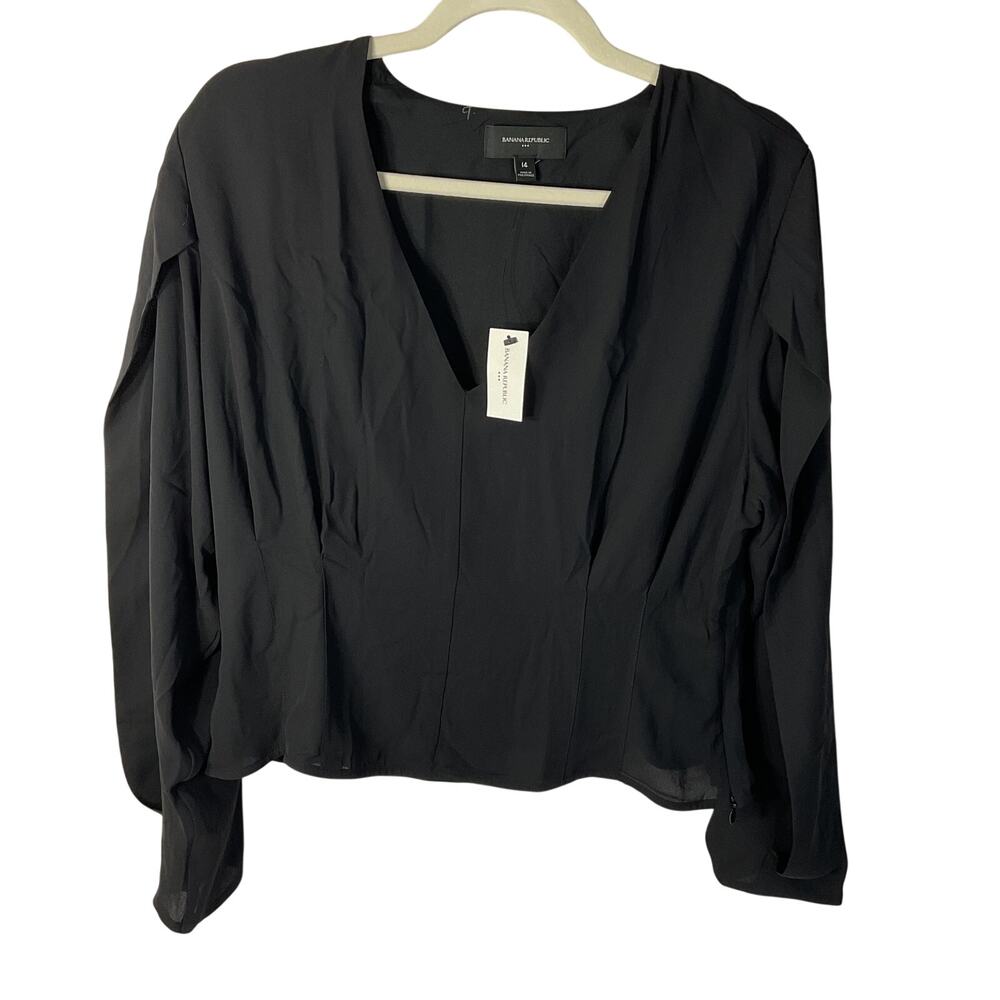 Banana Republic Black V-Neck Pleated Waist Long Sleeve Blouse - Size 14